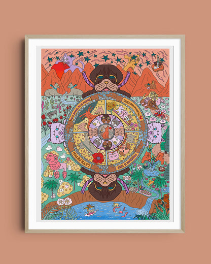 Doggy Mandala illustration in frame with peach brown background.  Illustrated by Yuka Osaka.