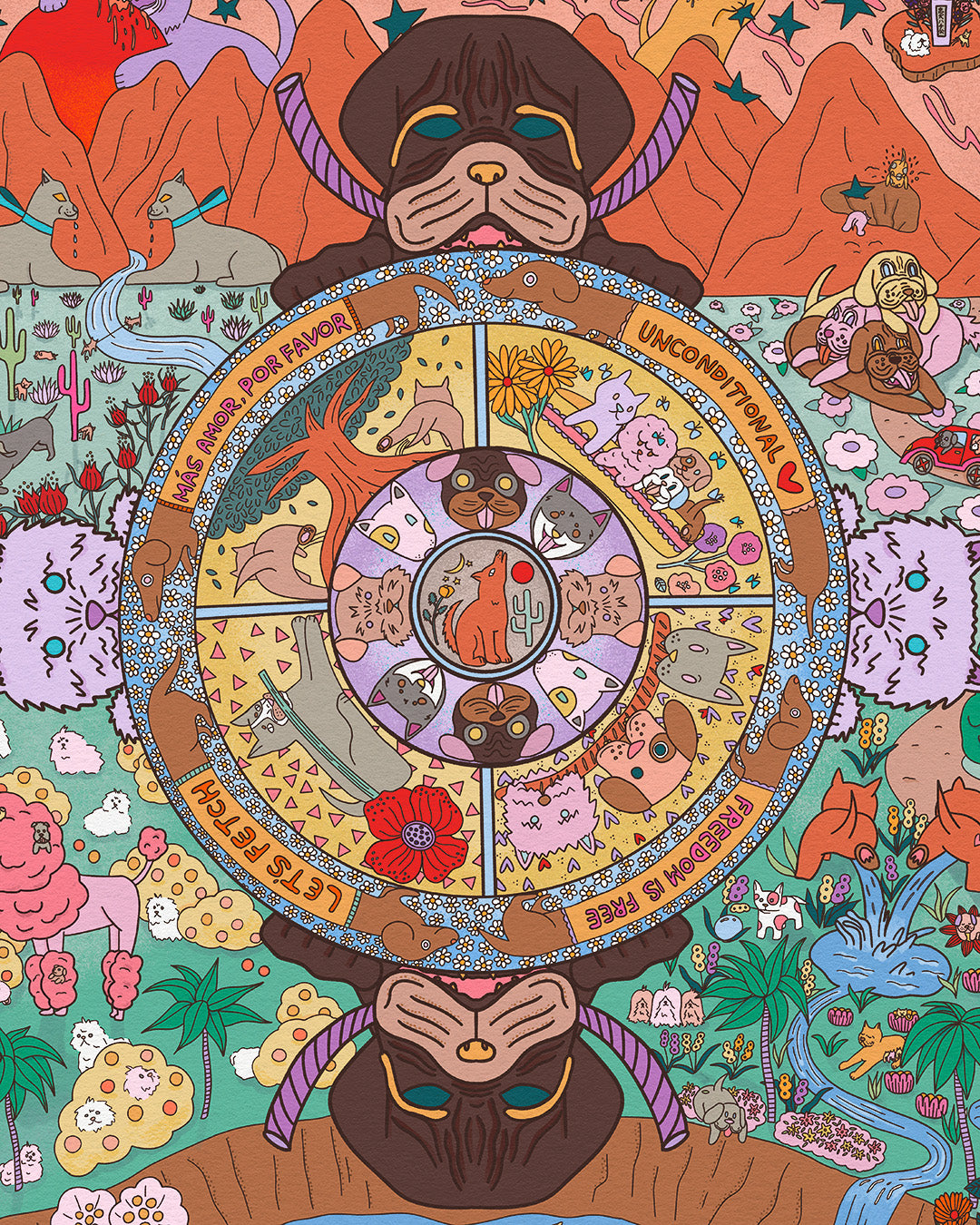 Doggy Mandala illustration by Yuka Osaka. Closeup shot.